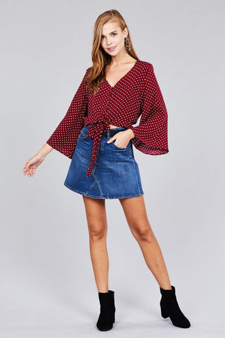 Ladies fashion plus size 3/4 bell sleeve v-neck w/button front tie detail dot printed crinkle gauze woven top