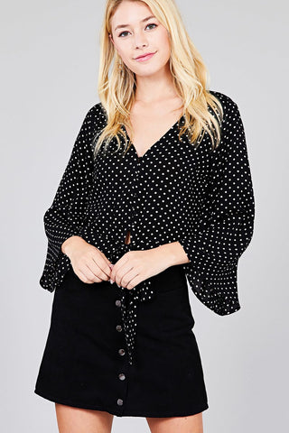 Ladies fashion plus size 3/4 bell sleeve v-neck w/button front tie detail dot printed crinkle gauze woven top