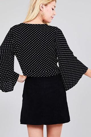 Ladies fashion plus size 3/4 bell sleeve v-neck w/button front tie detail dot printed crinkle gauze woven top