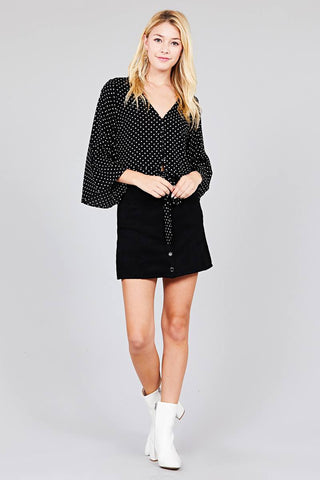 Ladies fashion plus size 3/4 bell sleeve v-neck w/button front tie detail dot printed crinkle gauze woven top