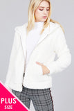 Ladies fashion plus size hoodie side pocket faux fur zip-up jacket