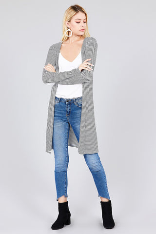 Ladies fashion plus size long sleeve open front side slit stripe tunic length rayon spandex rib cardigan