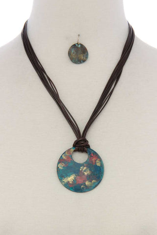 Patina circle multi stand pu leather short necklace
