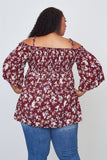 Ladies fashion plus size floral print shirred bust cold shoulder top