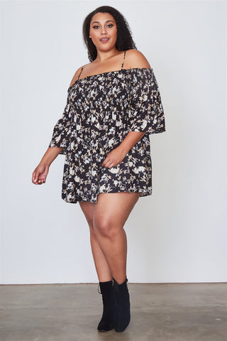 Ladies fashion plus size floral print shirred bust cold shoulder top