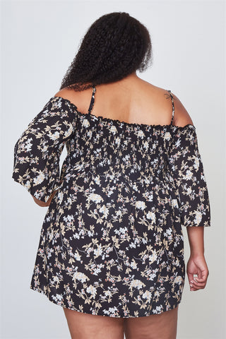 Ladies fashion plus size floral print shirred bust cold shoulder top