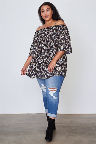 Ladies fashion plus size floral print shirred bust cold shoulder top