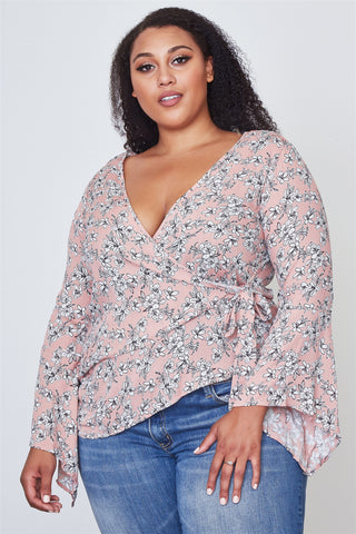 Ladies fashion plus size floral print deep "v" front tie boho top