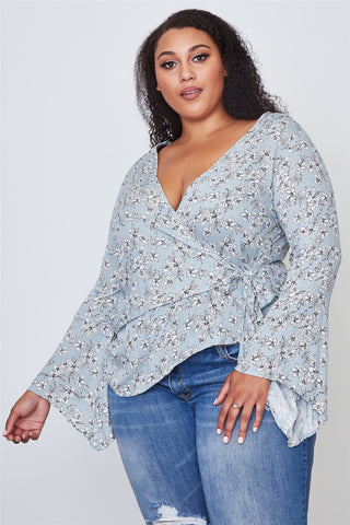 Ladies fashion plus size floral print deep "v" front tie boho top