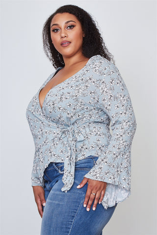 Ladies fashion plus size floral print deep "v" front tie boho top