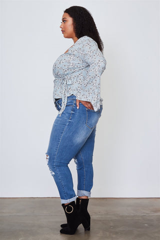 Ladies fashion plus size floral print deep "v" front tie boho top