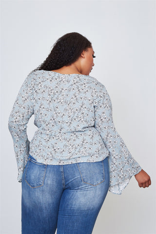 Ladies fashion plus size floral print deep "v" front tie boho top