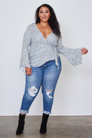 Ladies fashion plus size floral print deep "v" front tie boho top