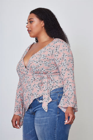 Ladies fashion plus size floral print deep "v" front tie boho top