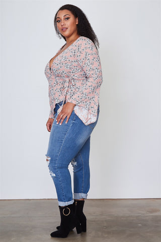 Ladies fashion plus size floral print deep "v" front tie boho top