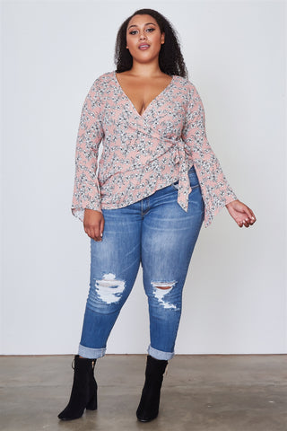 Ladies fashion plus size floral print deep "v" front tie boho top