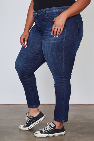 Ladies fashion plus size dark denim ankle length skinny jeans