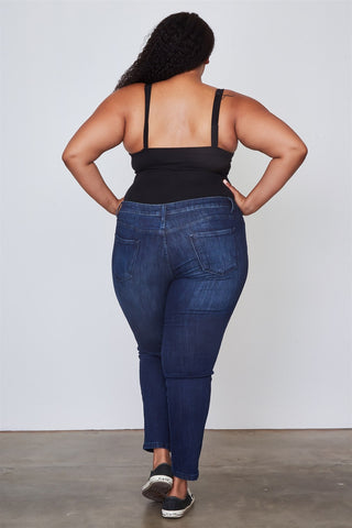 Ladies fashion plus size dark denim ankle length skinny jeans