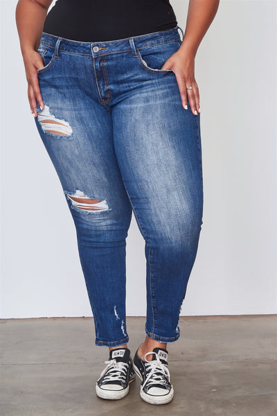 Ladies fashion plus size medium distressed denim skinny jeans