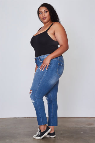 Ladies fashion plus size medium blue distressed denim skinny jeans