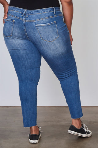 Ladies fashion plus size medium blue distressed denim skinny jeans