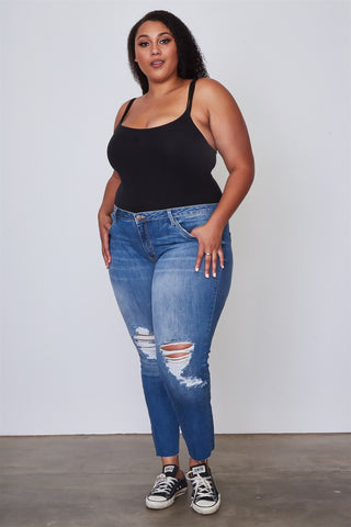 Ladies fashion plus size medium blue distressed denim skinny jeans