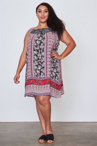 Ladies fashion plus size boho floral mix print sleeveless dress