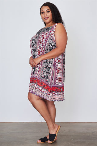 Ladies fashion plus size boho floral mix print sleeveless dress