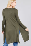 Ladies fashion plus size long sleeve open front side slit tunic length rayon spandex rib cardigan