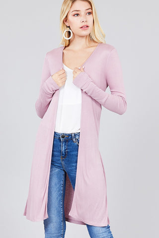 Ladies fashion plus size long sleeve open front side slit tunic length rayon spandex rib cardigan