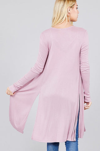 Ladies fashion plus size long sleeve open front side slit tunic length rayon spandex rib cardigan