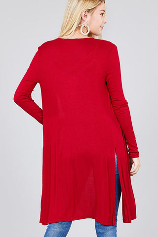 Ladies fashion plus size long sleeve open front side slit tunic length rayon spandex rib cardigan