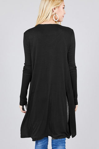 Ladies fashion plus size long sleeve open front side slit tunic length rayon spandex rib cardigan