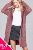 Ladies fashion plus size dolmen sleeve open front w/patch pocket marled sweater cardigan