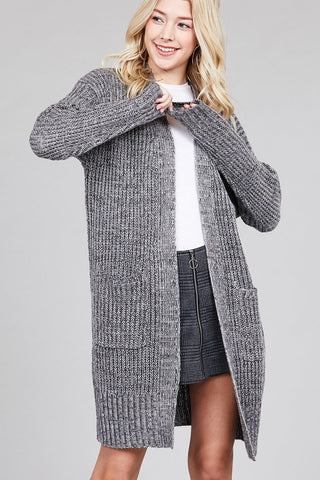 Ladies fashion plus size dolmen sleeve open front w/patch pocket marled sweater cardigan