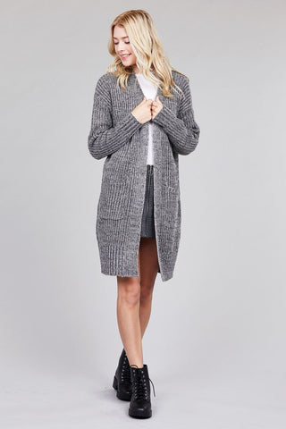 Ladies fashion plus size dolmen sleeve open front w/patch pocket marled sweater cardigan