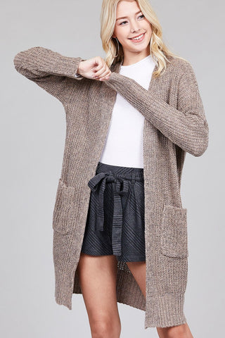 Ladies fashion plus size dolmen sleeve open front w/patch pocket marled sweater cardigan