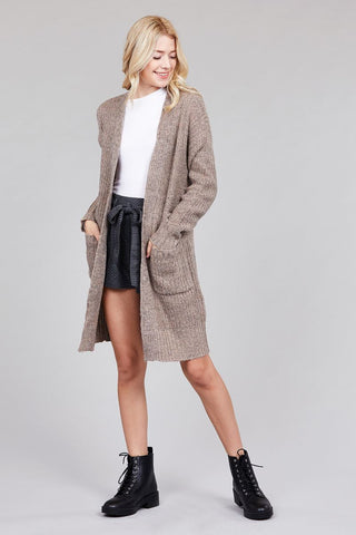 Ladies fashion plus size dolmen sleeve open front w/patch pocket marled sweater cardigan