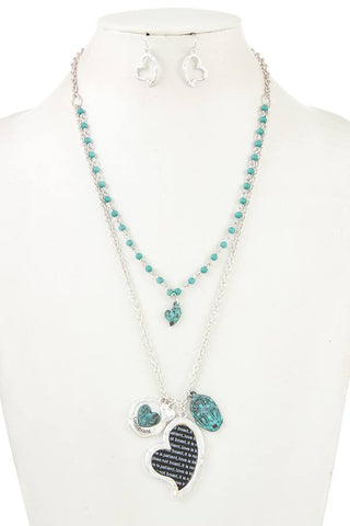 Double layered heart pendant charm necklace set