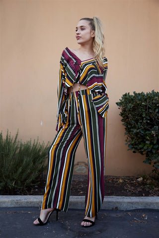 Ladies fashion multi stripe print two piece set - merchandiserus2