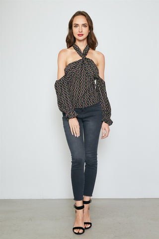 Ladies fashion geo print off the shoulder top - merchandiserus2