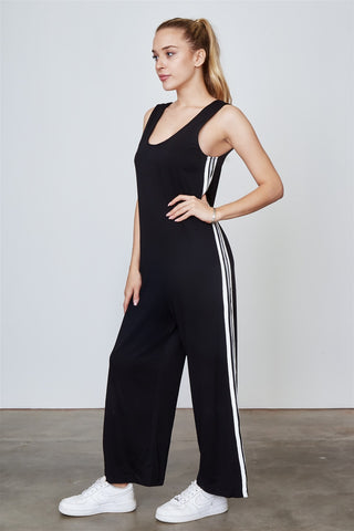 Ladies fashion side stripe contrast sleeveless jumpsuit
