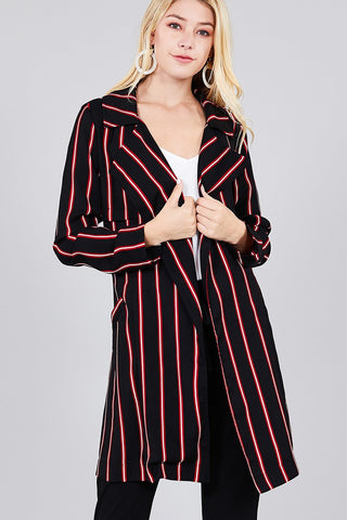 Ladies fashion long sleeve notched collar w/waist belt multi striped long woven jacket - merchandiserus2