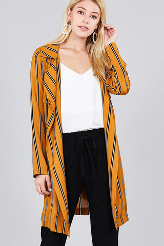 Ladies fashion long sleeve notched collar w/waist belt multi striped long woven jacket - merchandiserus2