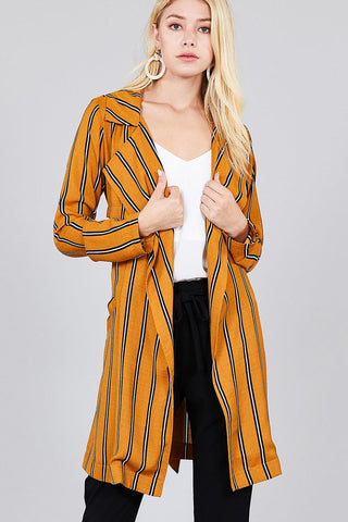 Ladies fashion long sleeve notched collar w/waist belt multi striped long woven jacket - merchandiserus2