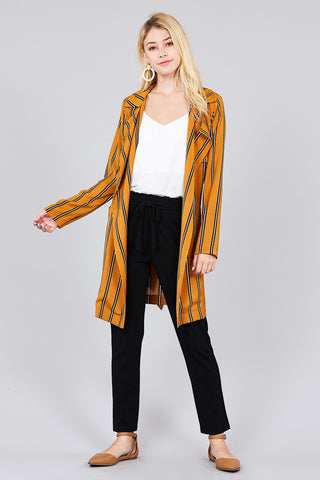 Ladies fashion long sleeve notched collar w/waist belt multi striped long woven jacket - merchandiserus2