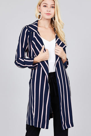 Ladies fashion long sleeve notched collar w/waist belt multi striped long woven jacket - merchandiserus2