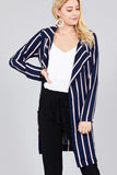 Ladies fashion long sleeve notched collar w/waist belt multi striped long woven jacket - merchandiserus2