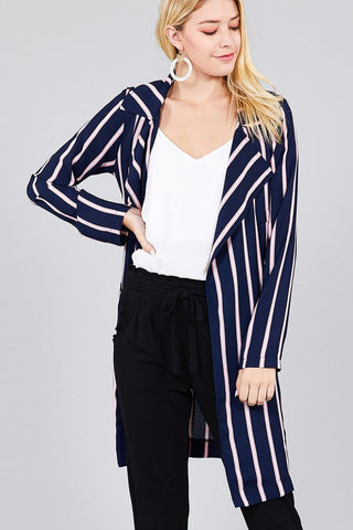 Ladies fashion long sleeve notched collar w/waist belt multi striped long woven jacket - merchandiserus2