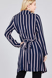 Ladies fashion long sleeve notched collar w/waist belt multi striped long woven jacket - merchandiserus2